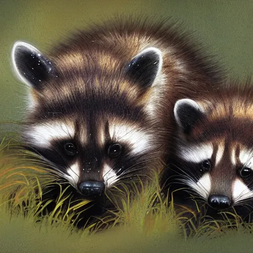 Prompt: digital art painting, painting by George Stubbs of baby raccoons in a pine forest in the winter, cold snow wind ice, baby raccoons, cgi, rendered in maya 