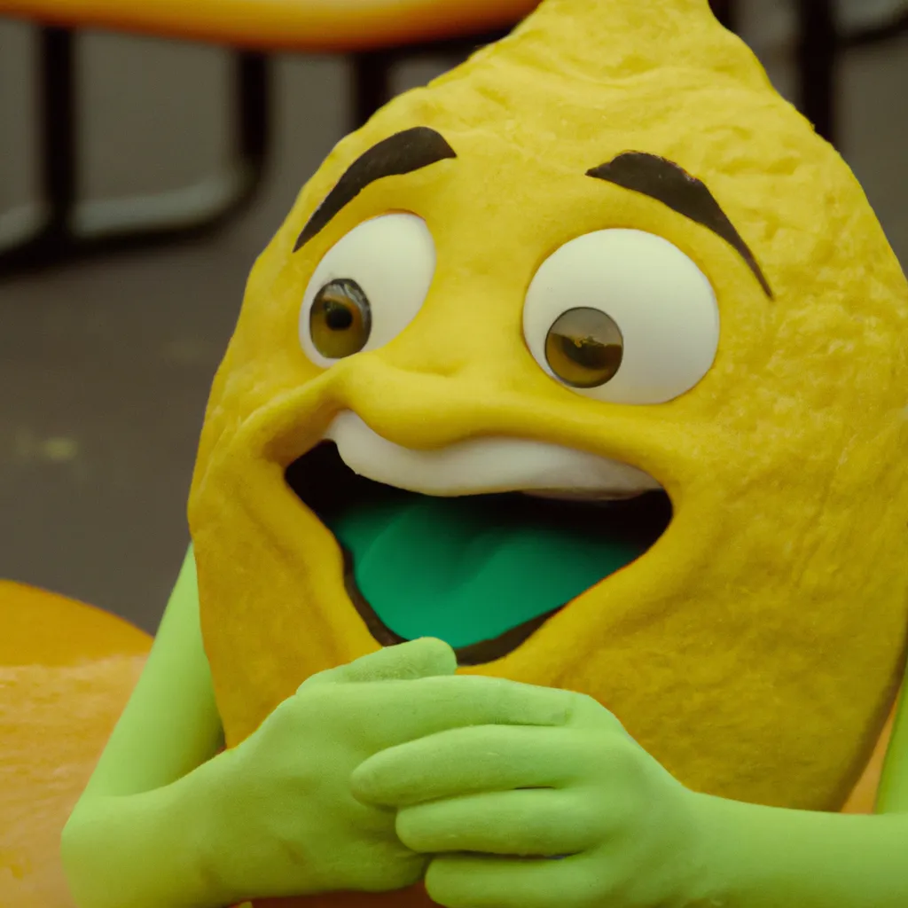 Prompt: film still of a cute lemon character, from sesame street