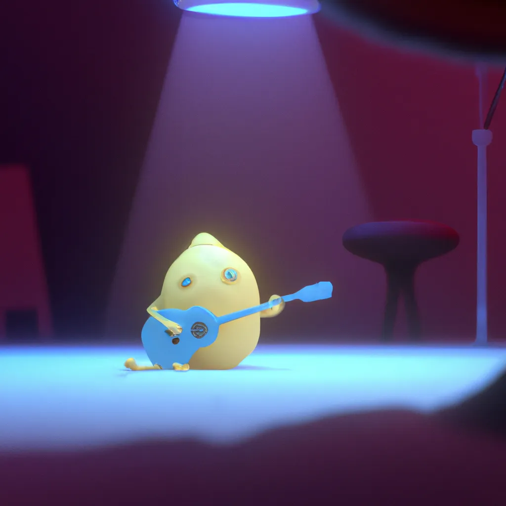 Prompt: A sad lemon playing a guitar alone in the room, glowing lights, matte illustration, intricate details, cinematic lighting, 8k