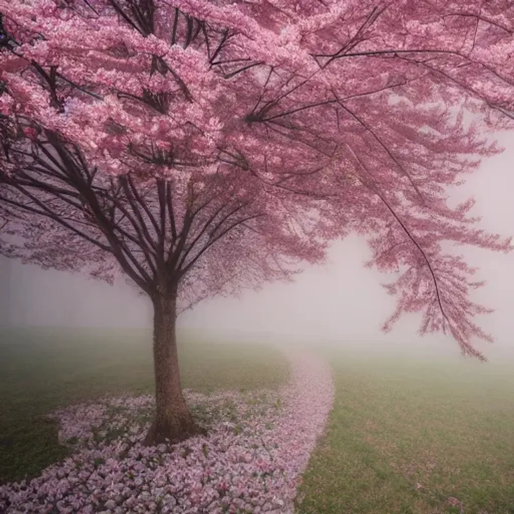 Prompt: low poly cherry blossom tree in the fog, in the morning, soft colors