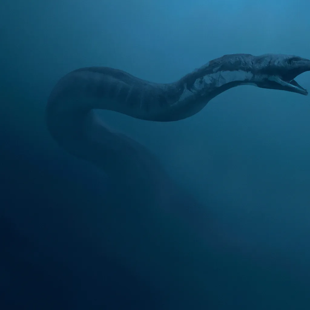 Prompt: A giant snake-like monster in a deep dark ocean, horror movie, 4k, dramatic lighting, foggy water