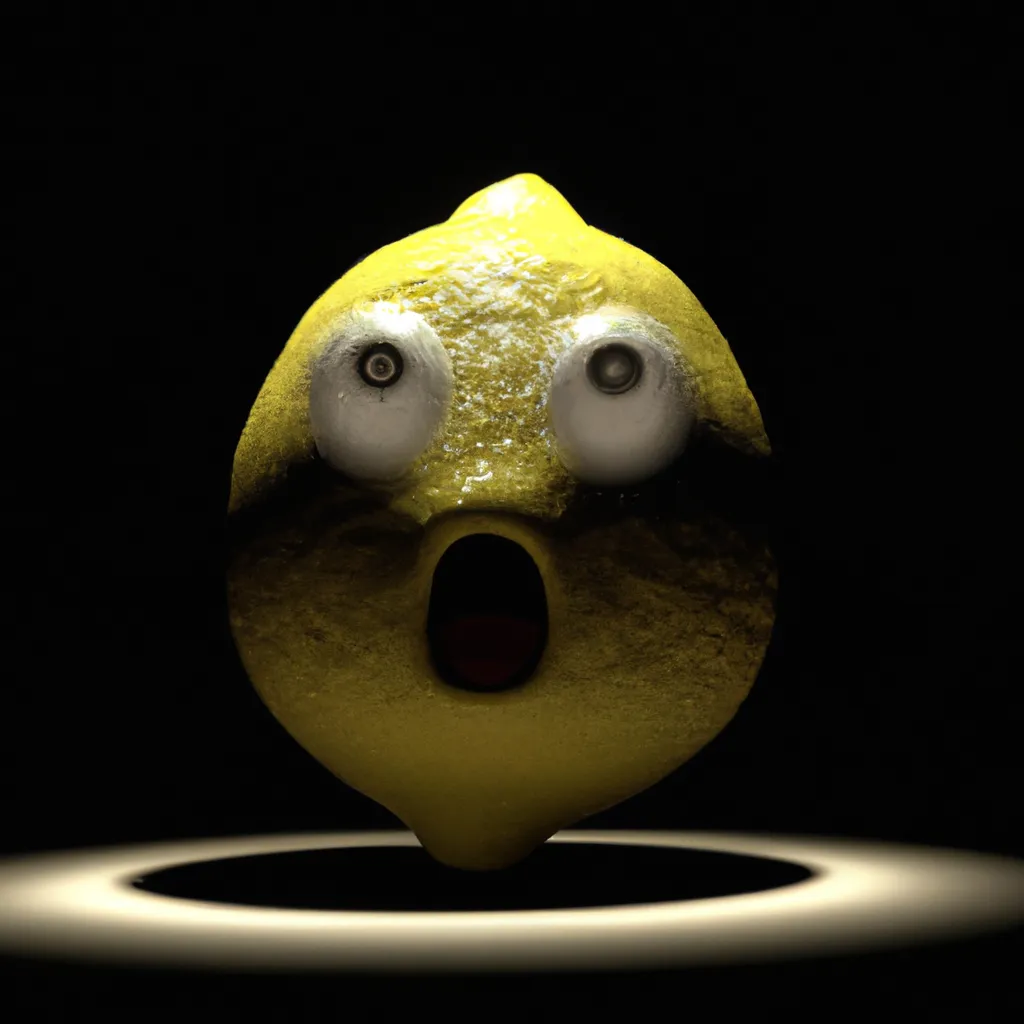 Prompt: bumpy yellow lemon with screaming face, under spotlight in dark room, close-up, cinematic, octane render, ray tracing art