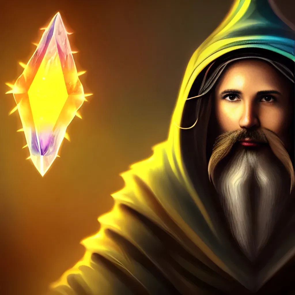 Prompt: fantasy artwork portrait of a handsome wizard wearing a hood made of rainbow crystal dragon's teeth, scruffy with a beard, in his alchemist laboratory, hd 4k