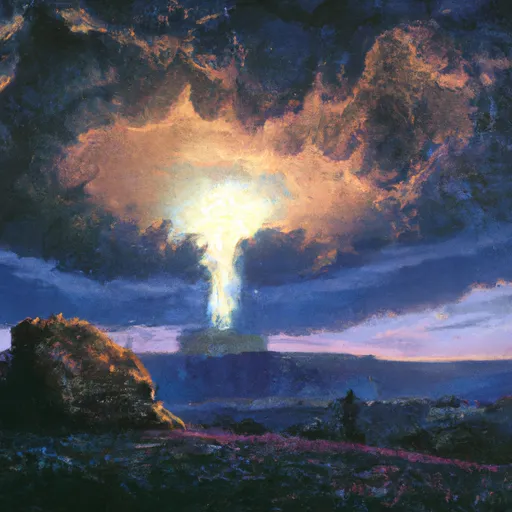 Prompt: An epic painting of a nuclear explosion mushroom cloud  in an Incandescently lit post apocalyptic landscape, ultra wide angle landscape painting, by Frederic Edwin Church and Nadav Kander