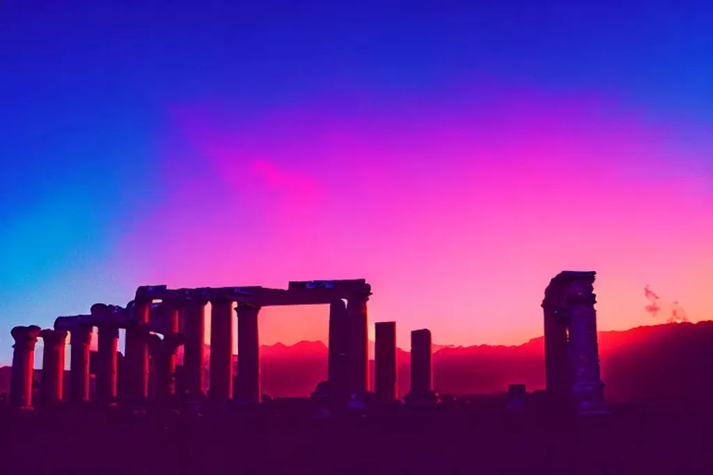 Prompt: Ancient city ruins, outrun, retrowave, synthwave, vaporwave, 35mm photograph