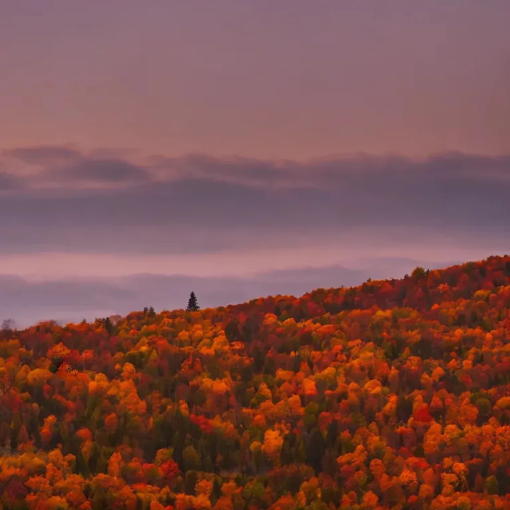 Prompt: hills covered in trees with autumn colors, soft light, at night with city in the distance