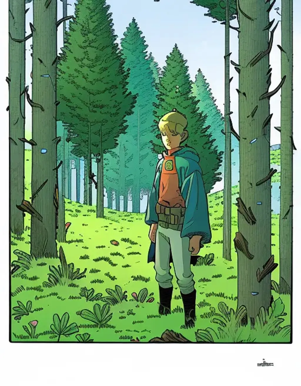 Prompt: {a teenager} {in forest}, comic book style by {moebius, herge,  BD franco-belge}, {grey colors, detailed face, hq, hdr, high detailed, 8K}