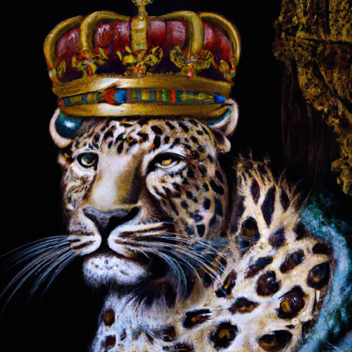 Prompt: An oil painting portrait of a leopard wearing medieval royal robes and an ornate crown on a dark background