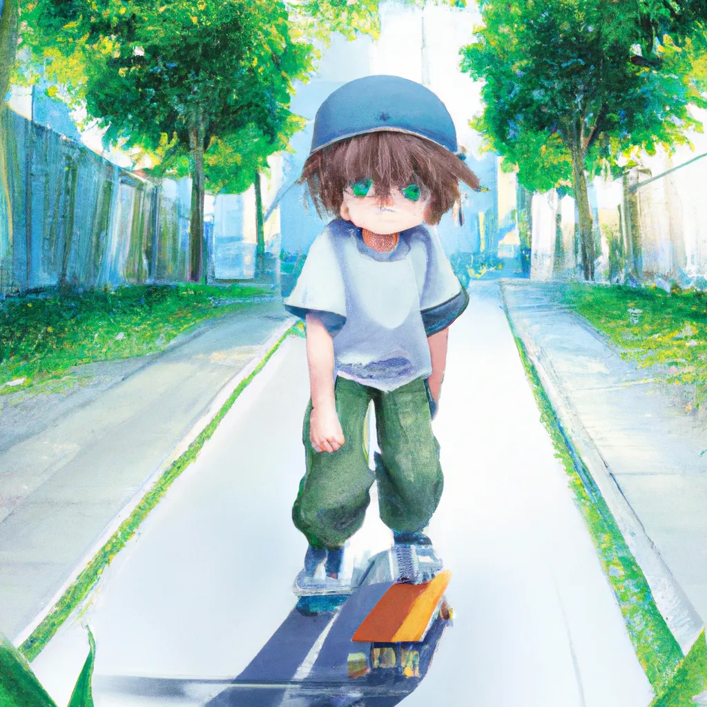 anime key visual of a little boy riding a skateboard