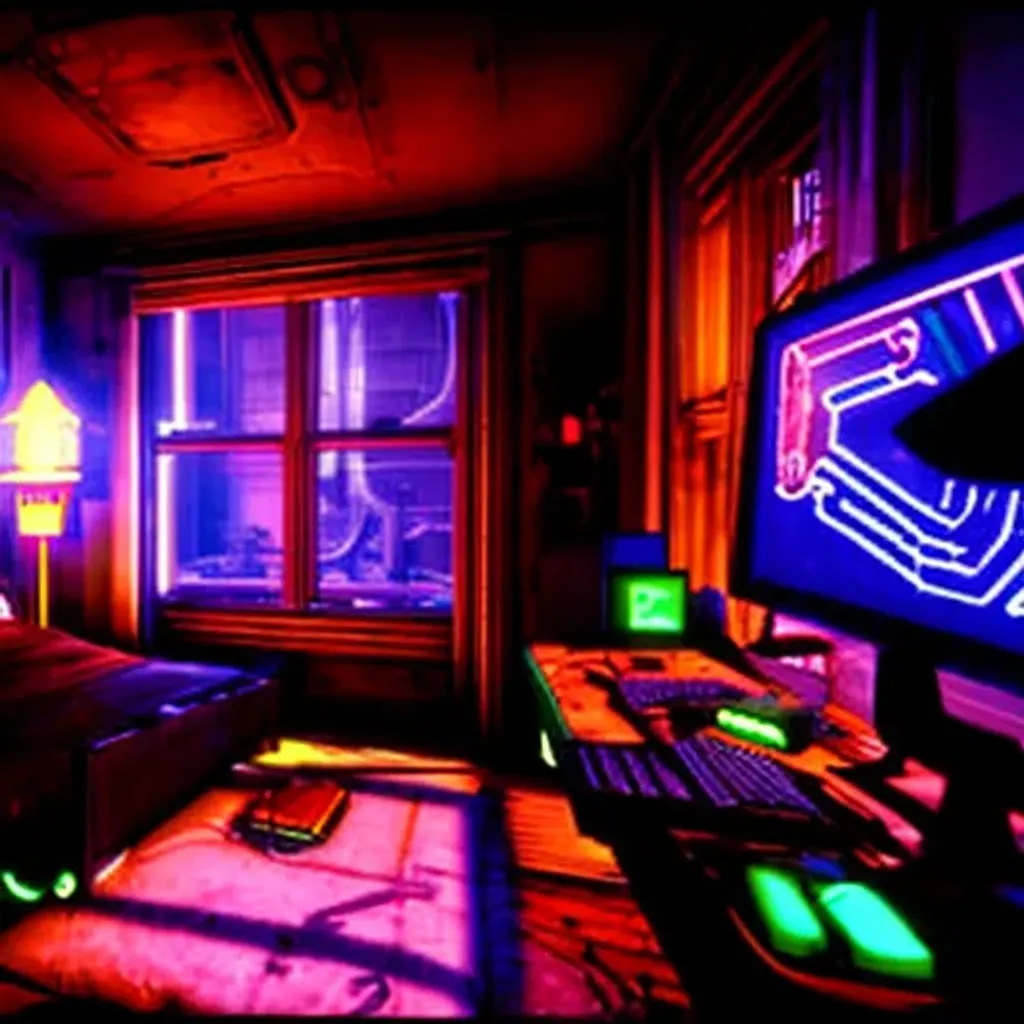 Prompt: bioshock's rapture in neons in a fort frolic, bedroom apartment with a bed and a desktop workspace with 3 computer monitors, warm lights