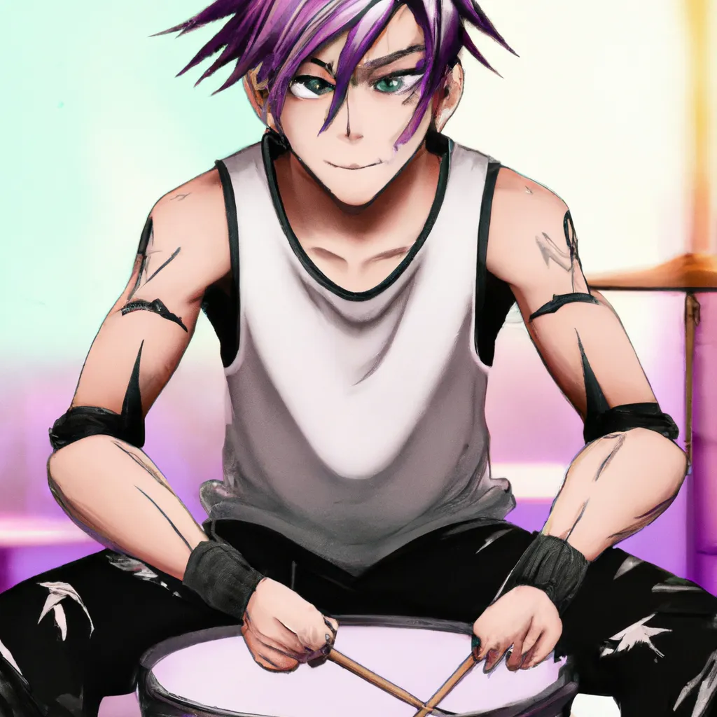 Prompt: anime boy, undercut purple/black hair, tan skin, hazel eyes, attractive, hot, popular drummer, playing the drums, edgy, tattoos, multiple piercings, popular online, kyoto animation, animation, anime, animated, 2010s anime, key visual, main character, character design, character concept, Free! anime, saturated colors, high quality, 8k, A3!, B Project, Given anime, Otame games, manhua, manhwa, perfect composition, beautiful detailed intricate insanely detailed octane render trending on artstation, 8 k artistic photography, photorealistic concept art, soft natural volumetric cinematic perfect light, chiaroscuro, award - winning photograph, masterpiece, oil on canvas, raphael, caravaggio, greg rutkowski, beeple, beksinski, giger