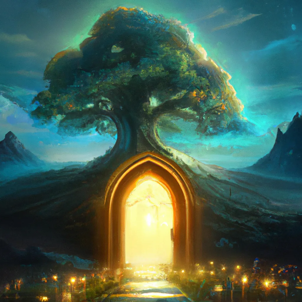 Prompt: an oak tree with a magical door, a luminescent path with fireflies leads to the door, majestic, giant, night-time, night sky with stars, digital art, art by Jessica Rossier, art by Stephan Martiniere, art by Caspar David Friedrich, Trending on ArtStation, 8K
