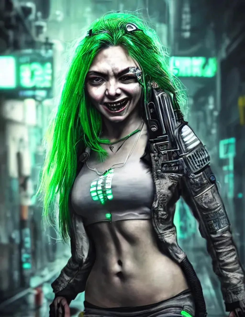 Prompt: Extremely detailed portrait of ugly cyberpunk gangster girl with random hair with sadistic smile, extremely detailed rotten cyberpunk street background , grey anc green light , hyperrealistic , 8k, high quality, concept art, trending on artstation, sharp focus, studio photo, intricate details, hyper detailed