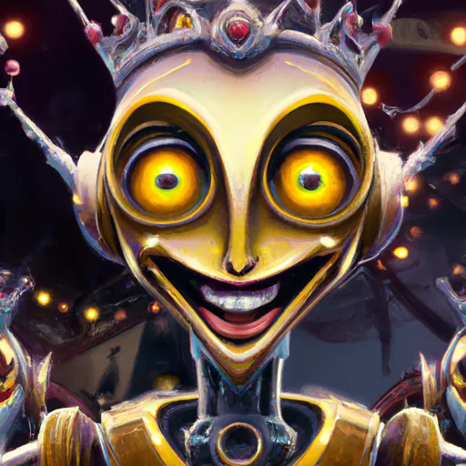 Prompt: Face of a joking laughing robot with sharp teeth and glowing yellow eyes. A crown with a crown.  Couples slowdancing together in the background. matte painting, bokeh. Elegant detailed digital art By Gil Elvgren and Tim Burton