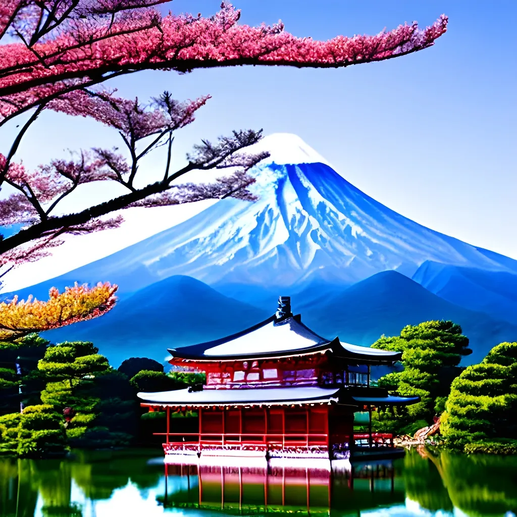 Prompt: Japanese mountain and a house by a lake with cherry tries