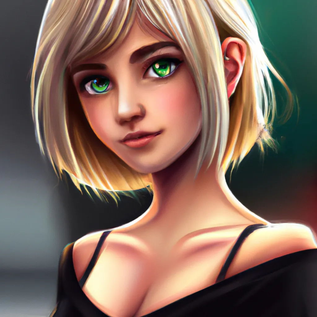 Prompt: portrait of a  17 years old girl with short blond hair and green eyes  wearing a black crop top , spontaneous, highly detailed, digital painting, artstation, concept art, smooth, sharp focus, illustration