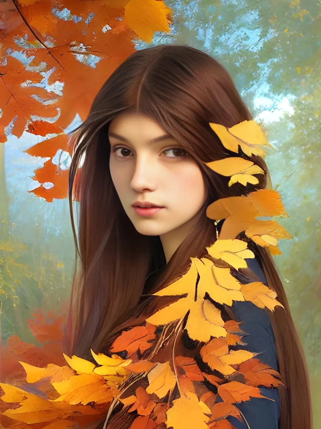 Prompt: girl with super long hair, hair becoming autumn red leaves, digital painting, symmetric face, art by artgerm and greg rutkowski and alphonse mucha