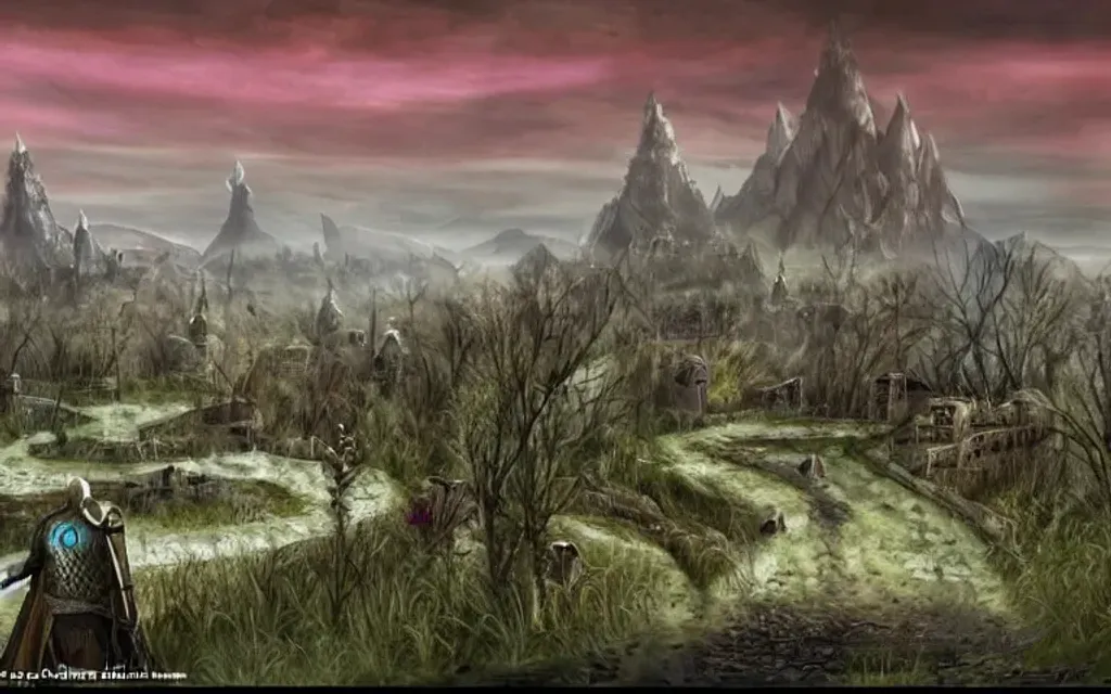 Prompt: landscape, video games, elder scrolls, morrowind, blades, swords, fantasy, fields, trees, skyline, blue sky, warriors, mages, orcs, fantasy city in the distance, day time, bright, 80s dark fantasy film, 80s dark medieval film, 80s fantasy film, 80s medieval film, fantasy village, fantasy castle, fantasy stronghold, fantasy city, fantasy video game, townsfolk, tamriel, fantasy buildings, defined fantasy city, elder scrolls city, vvardenfell, volcano, red mountain, balmora, sedya neen, caldera, netch, bull netch, vivec, ebonheart, Hlaalu, Telvanni, Redoran, mournhold, cliff racer, dagoth ur, vivec city, giant mushroom trees, West Gash, Sheogorad