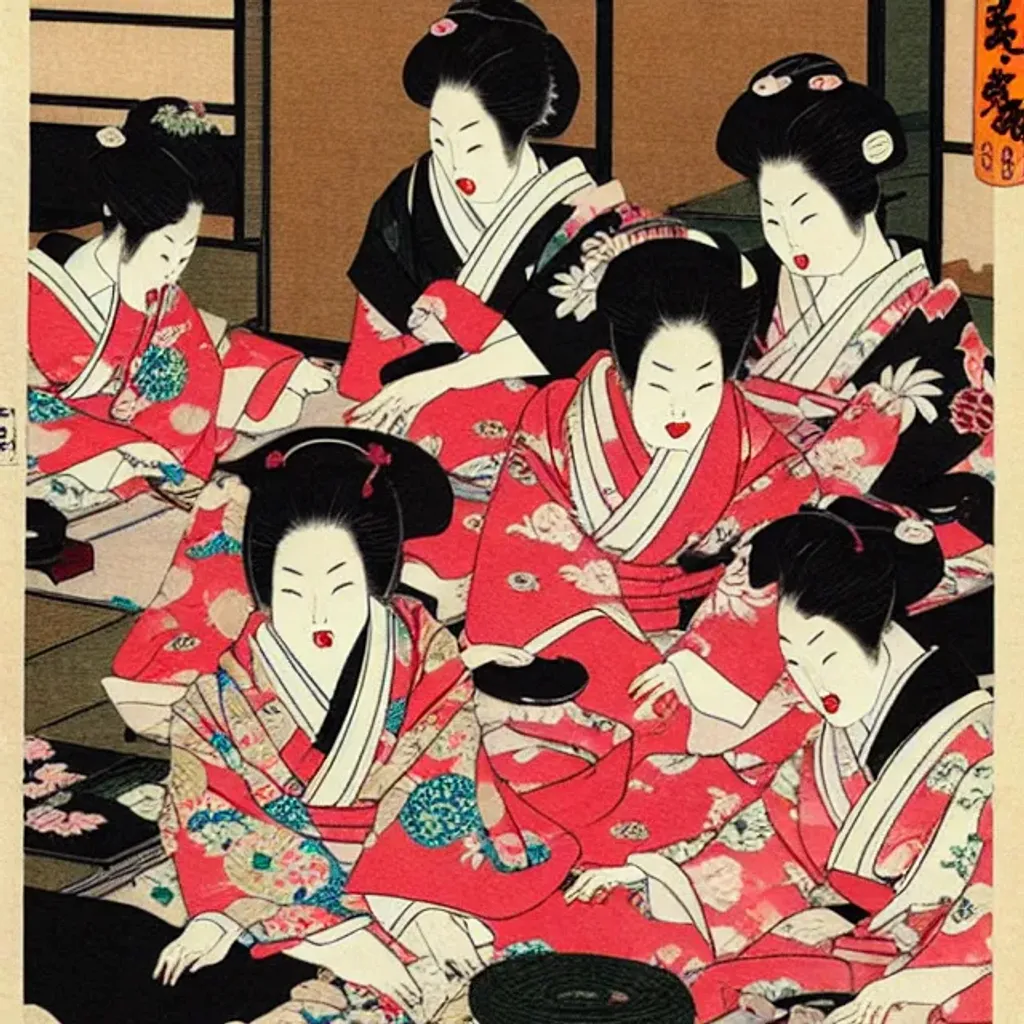 Prompt: Old style Japanese, geisha house, multiple women laying on the floor in kimono. 