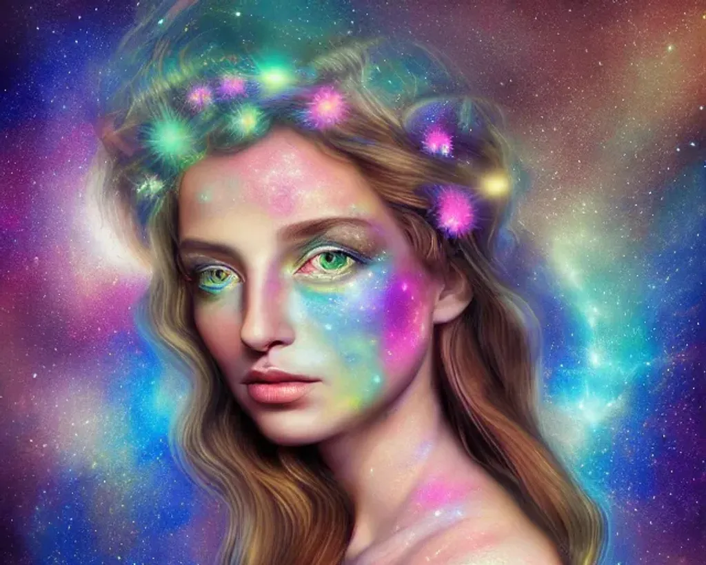 Prompt: centered portrait, young adorable greek goddess, ultra-detailed fractal piezoluminescence makeup, detailed rainbow galaxy background, ancient colors, muted colors, soft colors, sharp focus, intricate details, highly detailed, by Anna Dittmann, Gerhard Richter, Rubens, Larry Bud Melman