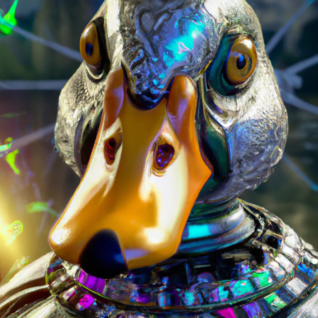 Prompt: Hyperrealistic Evil Duck as a humanoid cyborg, close-up, digital art, 3D, blender and unreal engine 5 rendered, Rays of Shimmering Light, Cinematic Lighting, Ray Tracing Reflections, insanely detailed, trending in artstation, Cinematic, Colorful, ornate