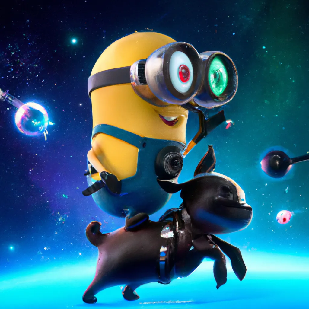 Prompt: Cute 4d Portrait of a Cute Minion Ninja, riding a Dog at the galaxy, by Pixar and DreamWorks 