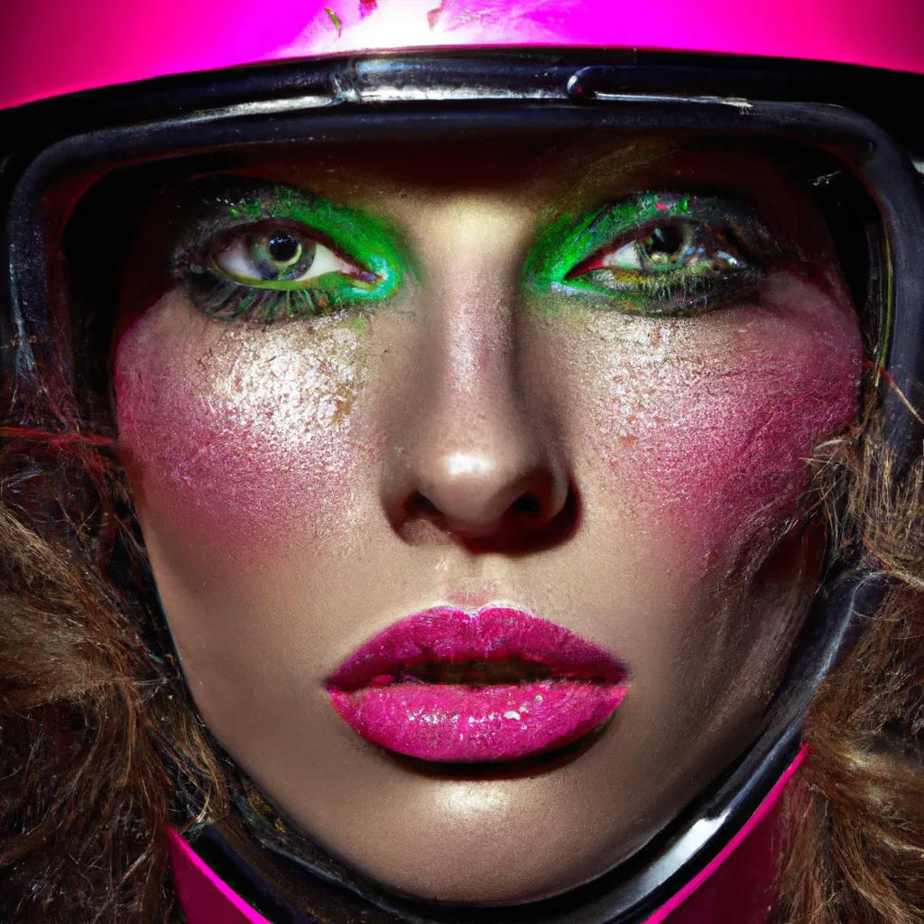 Prompt: Photorealistic editorial glossy portrait of a young beautiful super model from Sweden with great cheekbones, with blue big shiny Bambi eyes, dark eyebrows, dark long curly eighties hair style, pink velvet glitter eyeshadow, gold glitter skin, shiny full pink glitter lipstick lips, wearing a huge broken motor glitter green helmet, looking straight in the camera, flirting with the camera, confidence look, wearing a rough bikers suit with spikes and full with diamonds