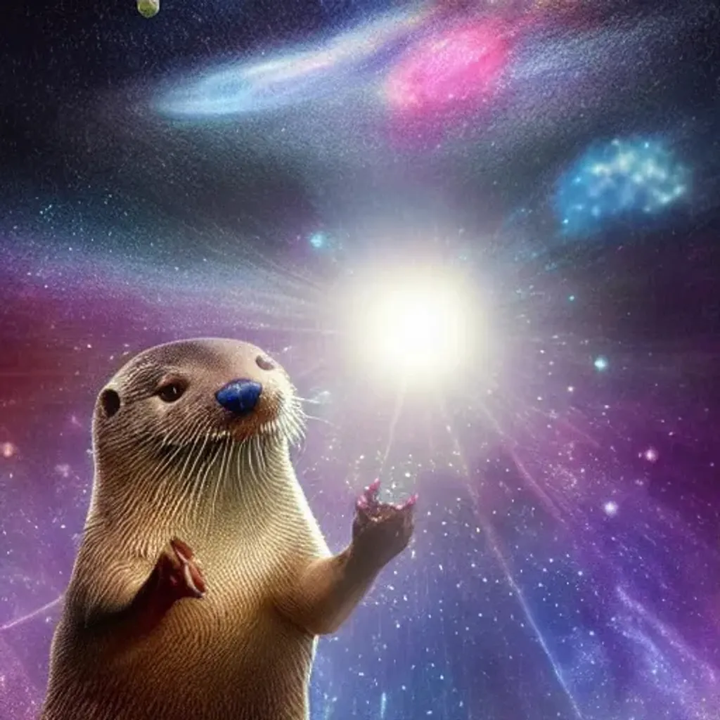 Prompt: beautiful image of the first day of creation of the world and an beautiful alien otter and matter in the dark deep space, light and darkness separated, planets, under a black night sky of astronomical glittering starlight in the outer reaches of the solar system beyond, trending on artstation, octane render, symmetry by raqib shaw, presence of god, eye of god. 