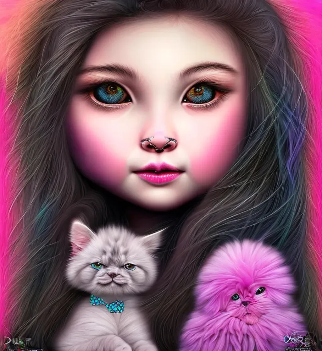 Prompt: realistic portrait of a very beautiful young girl cute nose perfect lips intricate girlish charm curly flyaway hair, holding a long haired black fluffy ragdoll cat, highly detailed, digital painting, sharp focus, dof, ultra reallistic, extremely detailed, intricate, artgerm, ambient lighting  award winning, fantastic view, colourful, intriguing 