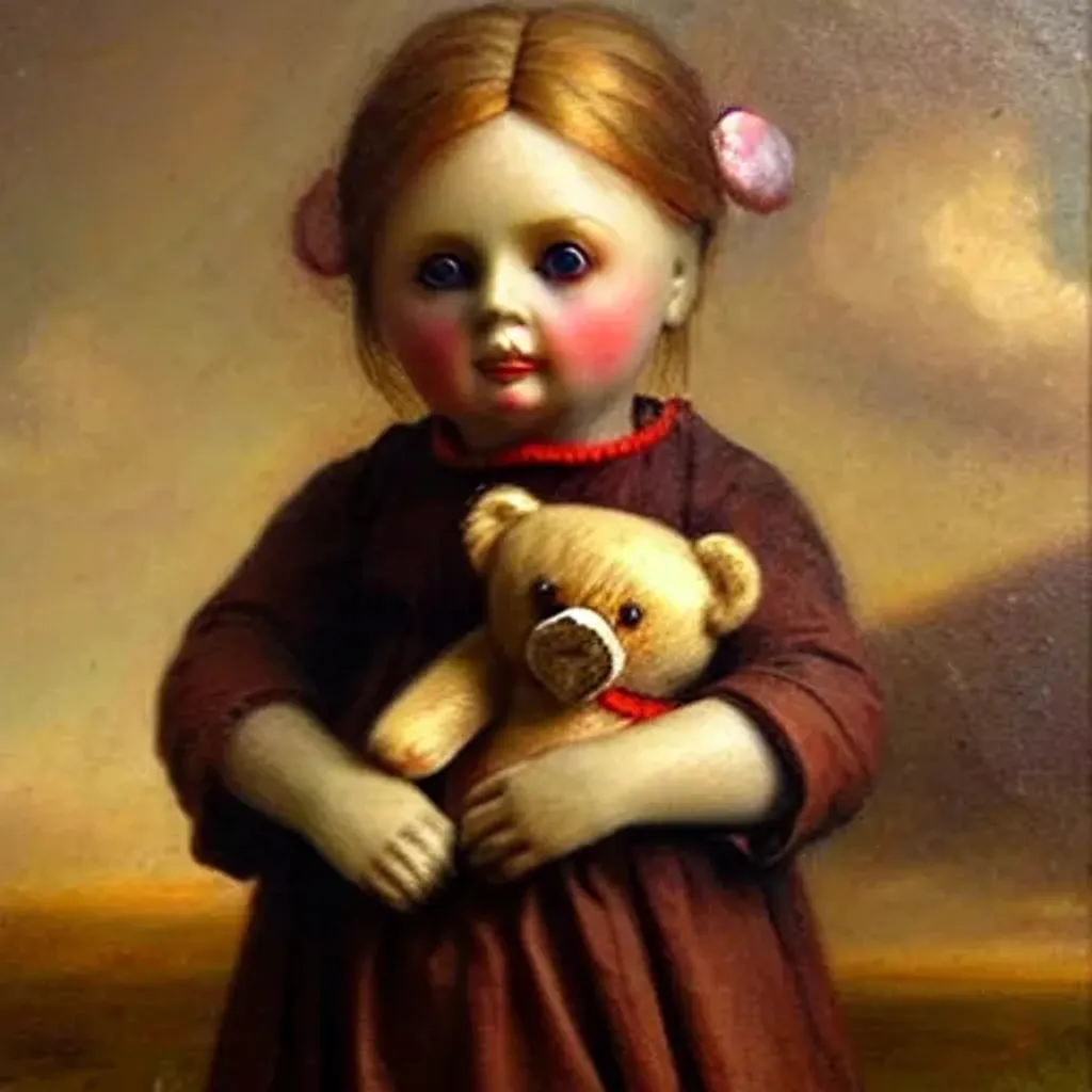 Prompt: Doll with teddy bear, Odd Nerdrum style, highly detailed, hyper realistic, old master's style