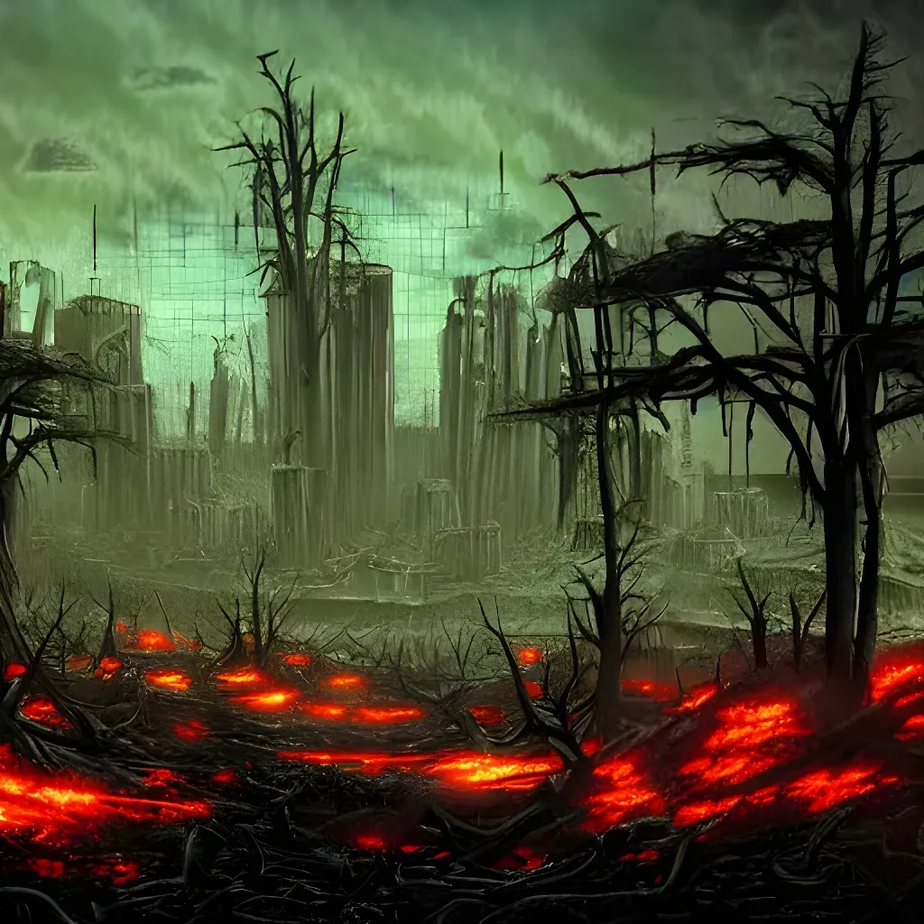 Prompt: Horror World war 3 dystopian wasteland lava lake death trees all is dead highly detail digital art cyberpunk style