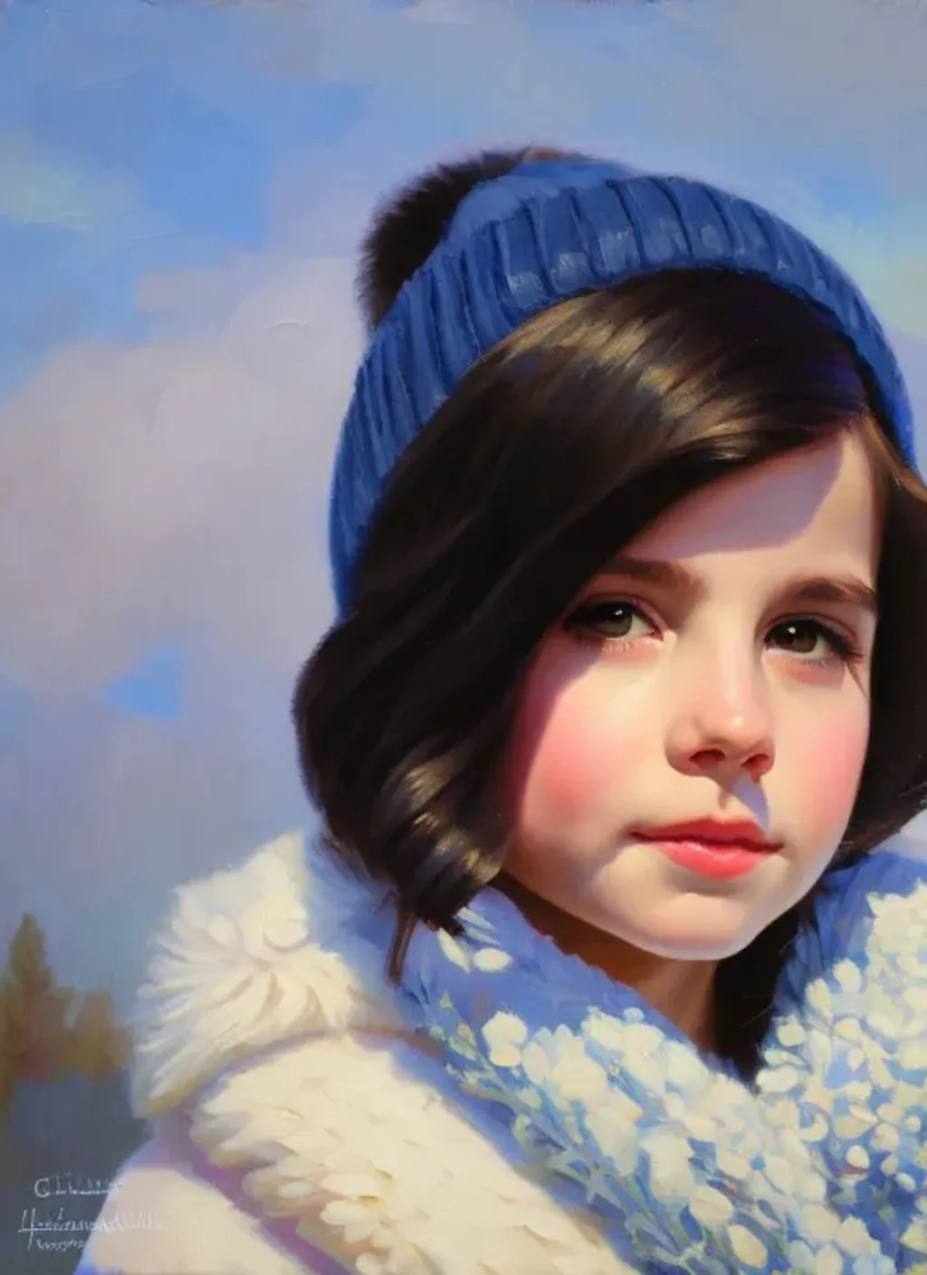 Prompt: Portrait of a cute pre-teen girl, hispanic, pale skin, black hair, short hair, very dark brown eyes, winter clothes, snow, blue-ish, looking at the camera, extremely detailed painting by Greg Rutkowski and by Henry Justice Ford and by Steve Henderson