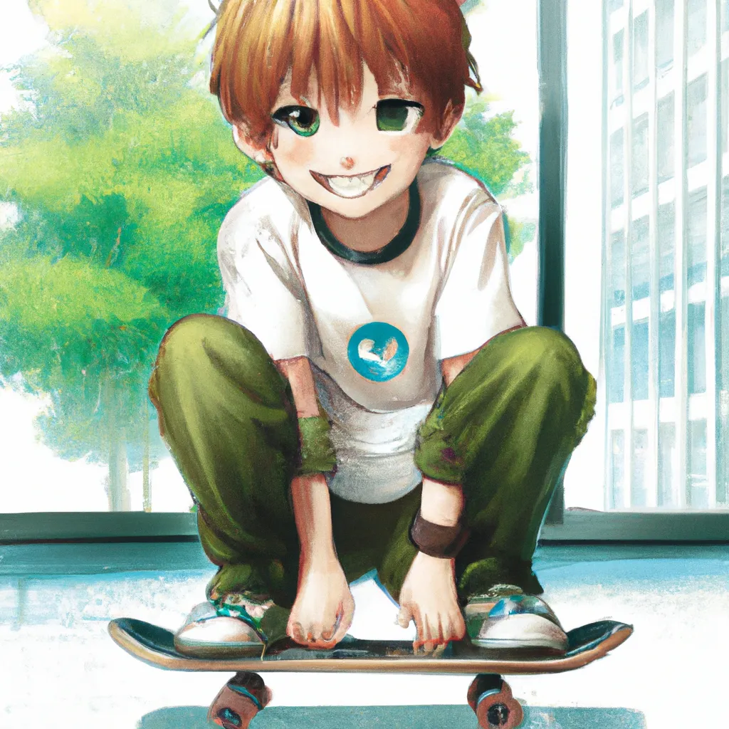 anime key visual of a little boy riding a skateboard