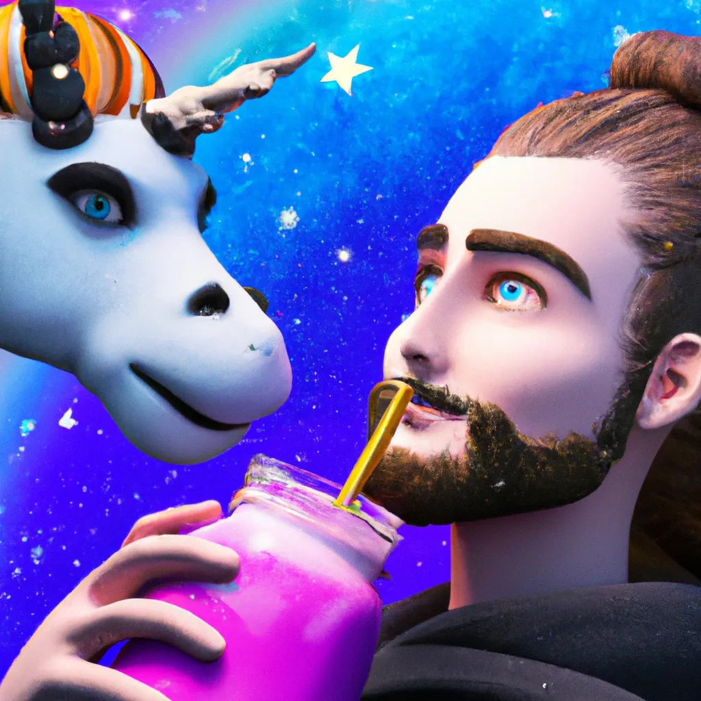 Prompt: Close-up 3d character design of a man with man bun hair drinking smoothie with a unicorn at space, galaxy