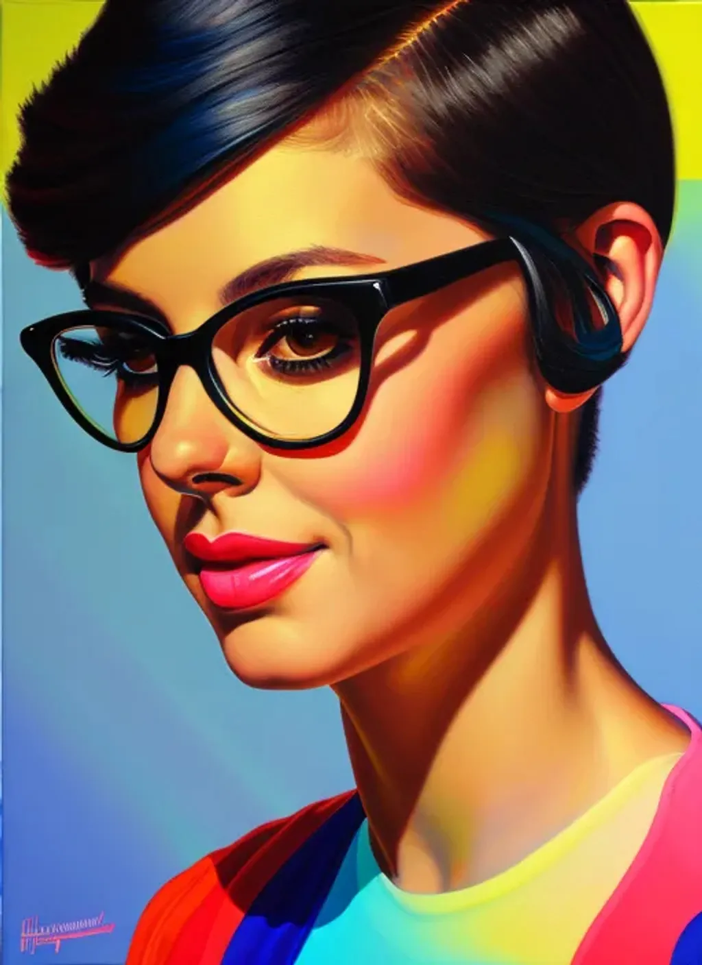 Prompt: Facial portrait of a pretty cute nerdy teen girl, hispanic, pale skin, black hair, short hair, dark brown eyes, hot weather, sweaty, glasses, colored shirt, vivid colors, neon, 80s, looking at the camera, extremely detailed painting by Greg Rutkowski and by Henry Justice Ford and by Steve Henderson