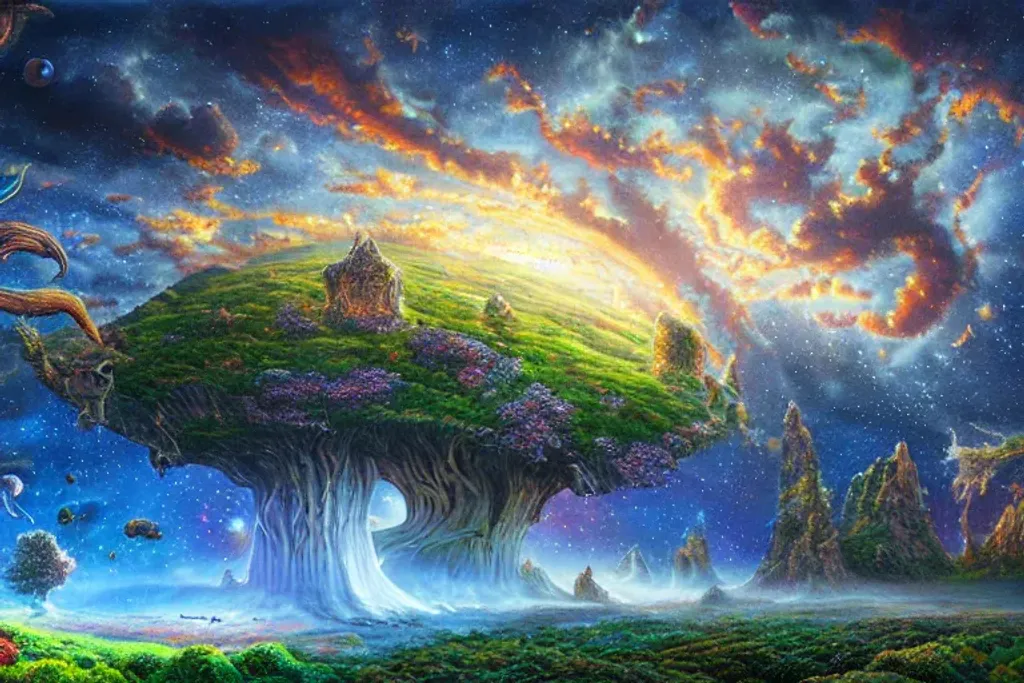 Prompt: Summer Wonderland, Beautiful Fantasy Landscape, Realistic And Natural, Cosmic Sky, Detailed Full-Color, Nature, Hd Photography, Fantasy By John Stephens, Galen Rowell, David Muench, James Mccarthy, Hirō Isono, Realistic Surrealism, Elements By Nasa, Magical, Detailed, Alien Plants, Gloss, Hyperrealism