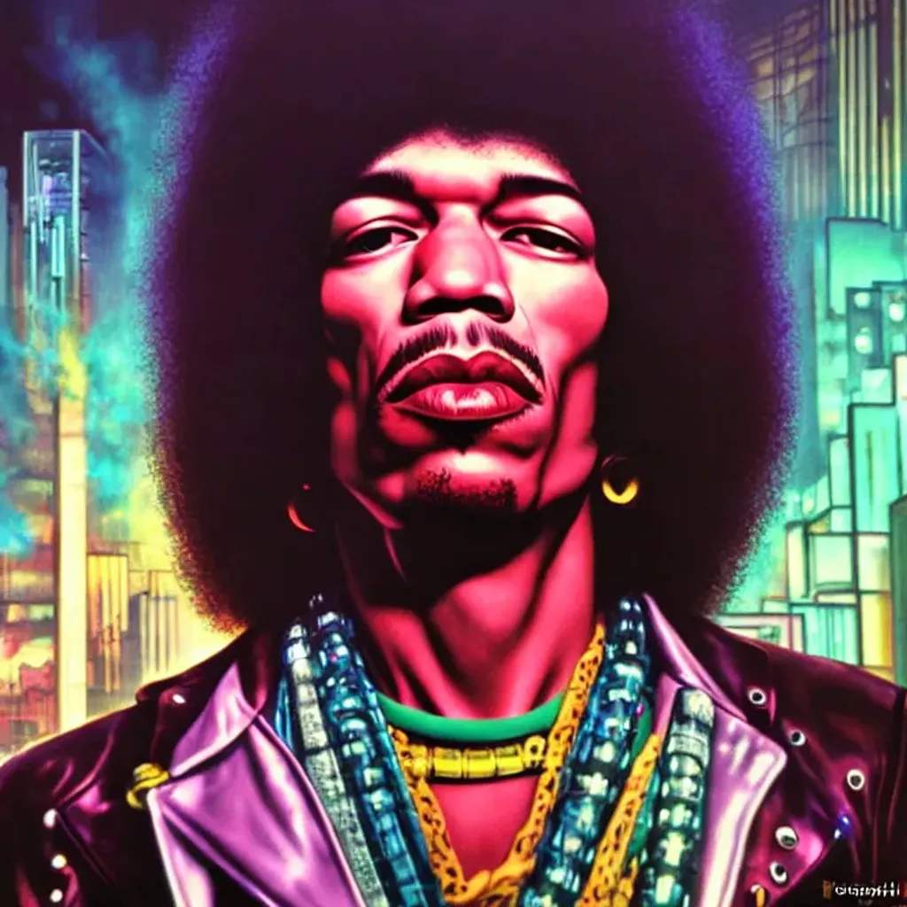 Prompt: photorealistic cyberpunk jimi hendrix. smoking. lots of detail. muted colours. sitting in a science fiction setting. vista of a art deco science fiction city in the background. search lights shining up into the night sky. hyper realistic face.

