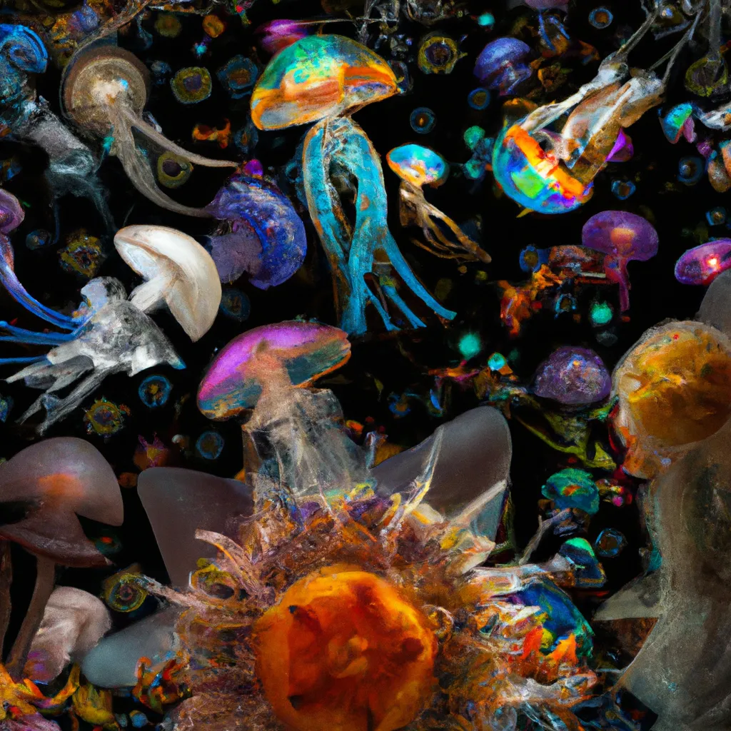 Prompt: Garden of Earthly Delights | Curvaceous Light beings jellyfish as light bending cute angels covered in halogenic decadent nuclear  flowers in the style of Hieronymous Bosch, Bruce Pennington, Dali, Munch, Escher, Klarwein, Yamamoto, Hattori, Leyendecker, Mullins, Magritte, Giger| bioluminescent opalescent iridescent mermaid  | dark background | ultra sharp focus | 3d octane render artstation trending 8k unreal engine | Avatar movie| Disney Pixar Dreamworks 