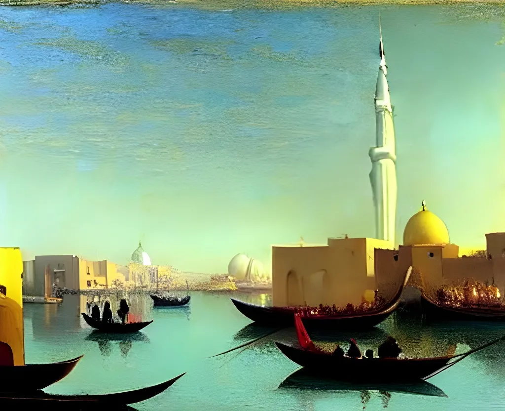 Prompt: beautiful painting of dubai creek arabian people crowded on small boats water ripples reflections gazing sunlight pale colour scheme edward hopper canaletto