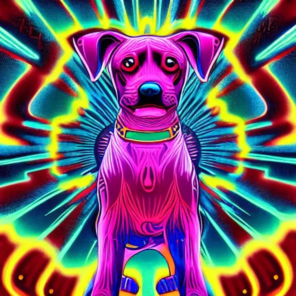 Prompt: Hypnotic illustration of a dog, standing character, hypnotic, psychedelic art, pop surrealism, dark glow neon paint, mystical, Behance, 4k, 8k, UHD, professional, studio lighting, unreal engine, 