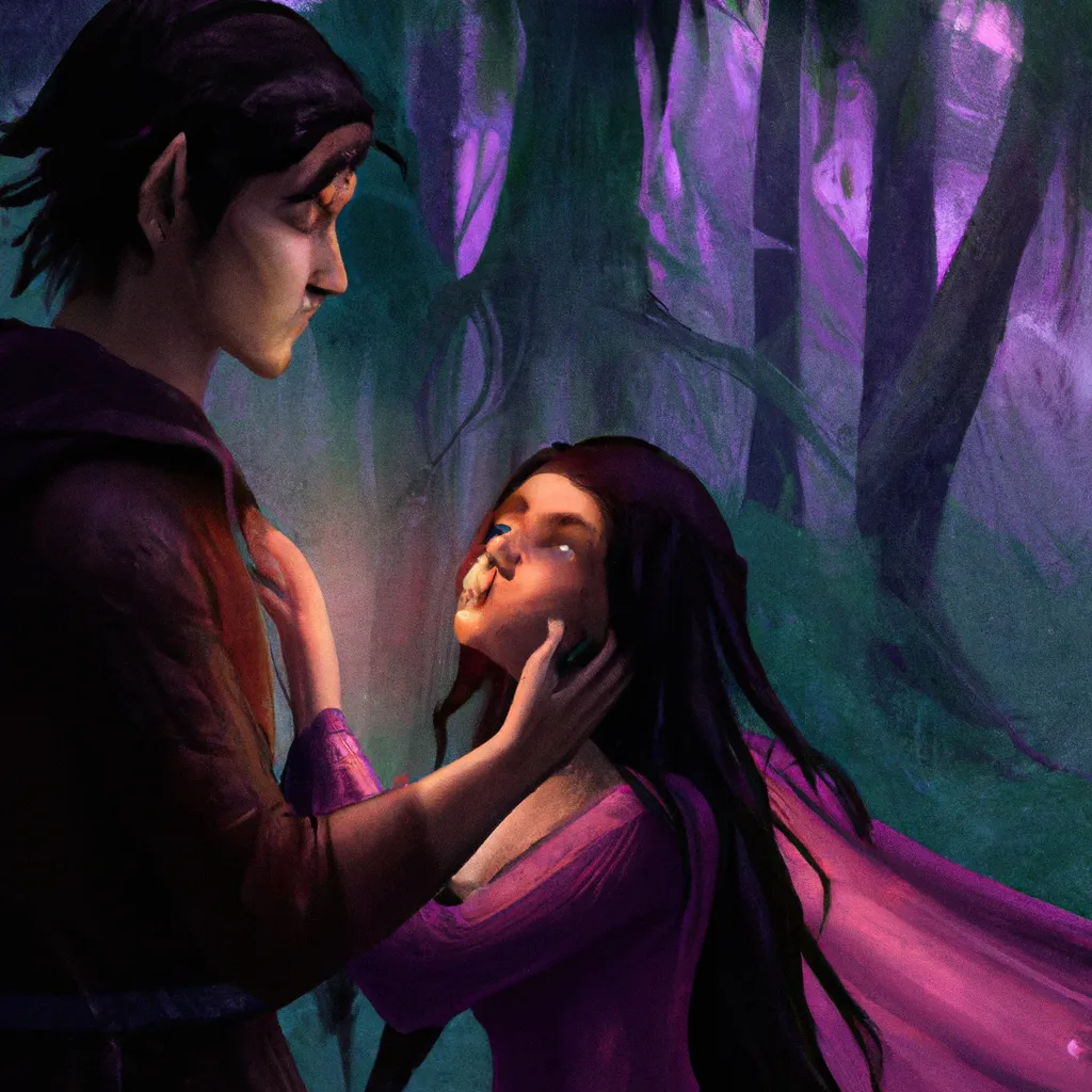 Prompt: A sad young elf woman getting comforted by a mage wearing a purple robe in a dark fantasy forest, digital art, masterpiece, trending on artstation 