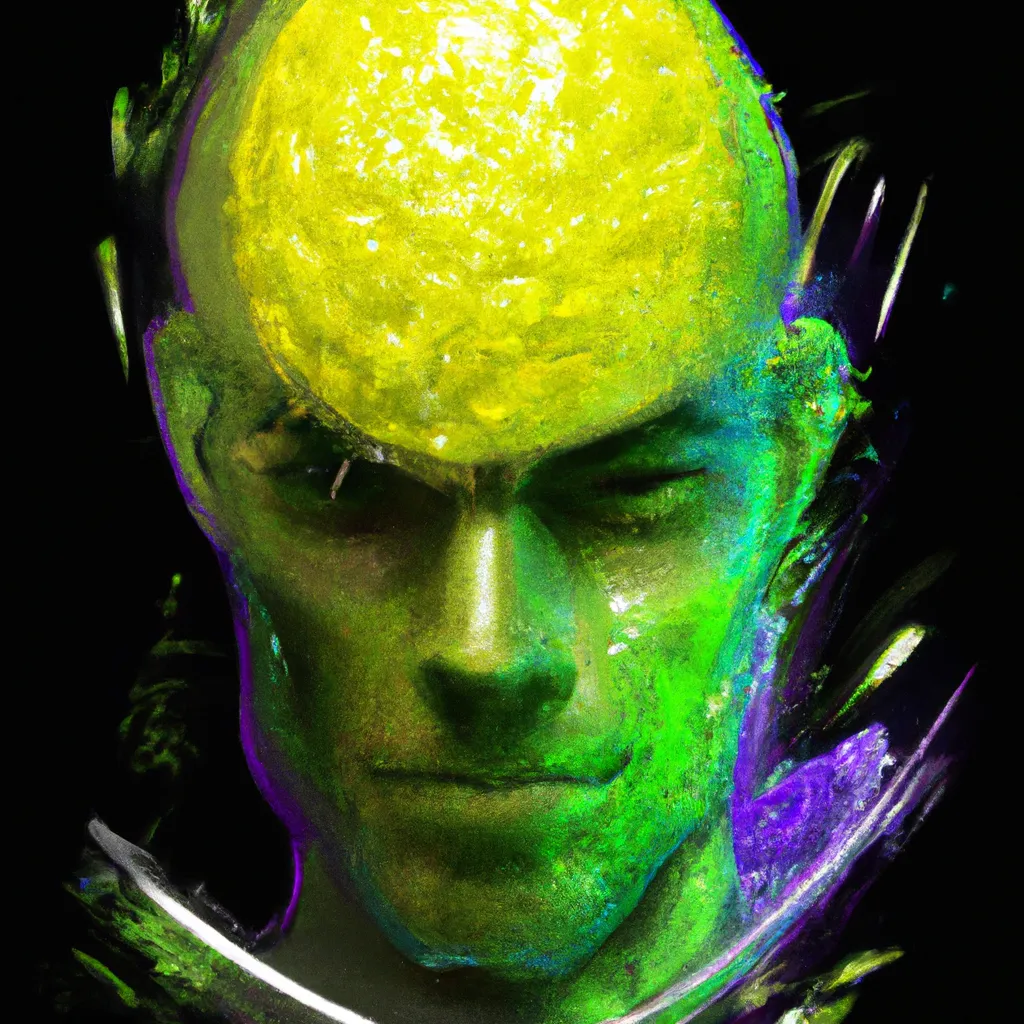 Prompt: lemon by Ben templesmith, octane render, superhero portrait of black light paint, splashes of colors, comic book art, sculpture, highly detailed