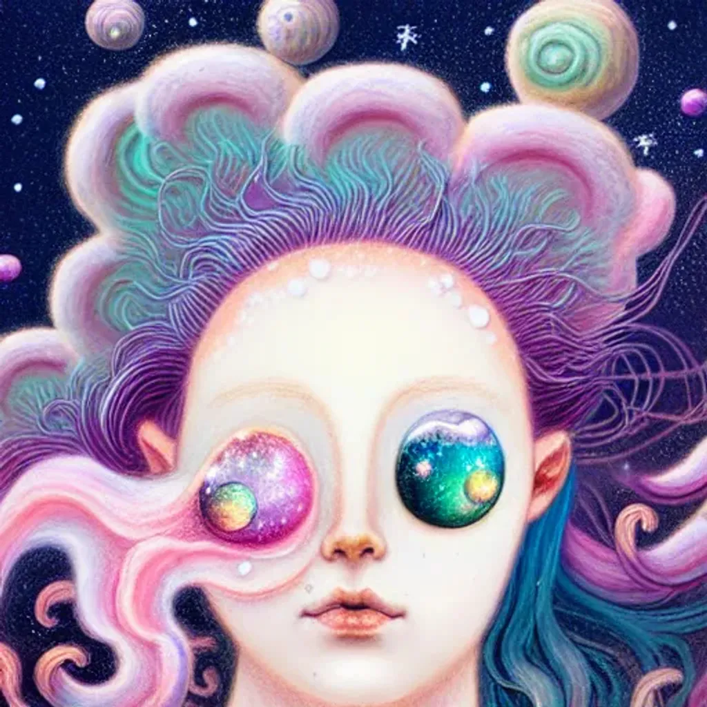 Prompt: Pastel rococo portrait, Beautiful mermaid, detailed eyes, the galaxy in her hair, mushrooms, stars, planets, hq, fungi, celestial, moon, galaxy, stars, victo ngai, Ryan Hewett 