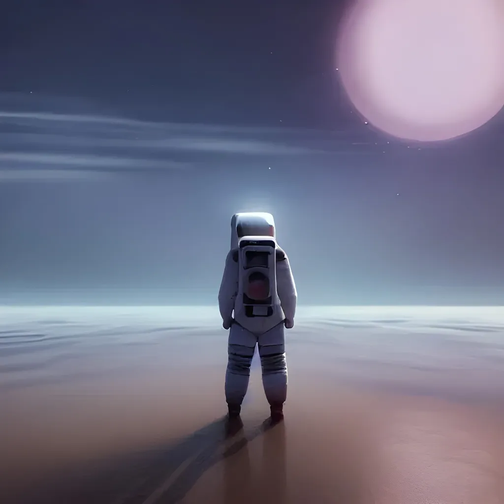 Prompt: a astronaut sitting on the beach looking to the sea at sunrise, concept art, octane render, unreal engine 5, trending on Artstation, high quality, highly detailed, 8K, soft lighting, godrays, path tracing, serene landscape, turbulent sea, high coherence, anatomically correct, hyperrealistic, sand, beautiful landscape, cinematic, clouds in the sky