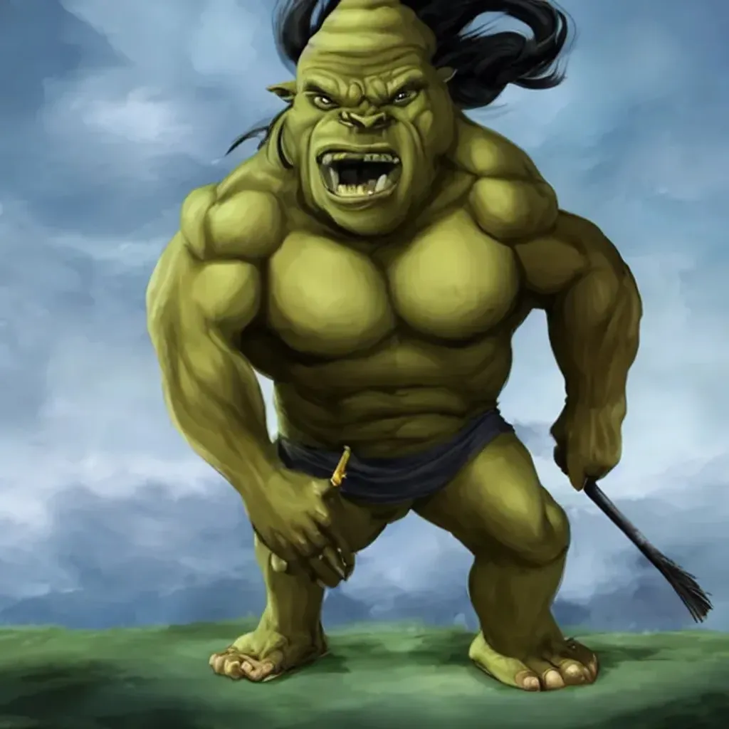 Prompt: a 218cm tall Ogre that is very muscular and has a black ponytail with a broomstick in his hands. he has yellow eyes and a big forehead. he carries a very large Broomstick that has a metal fitting

