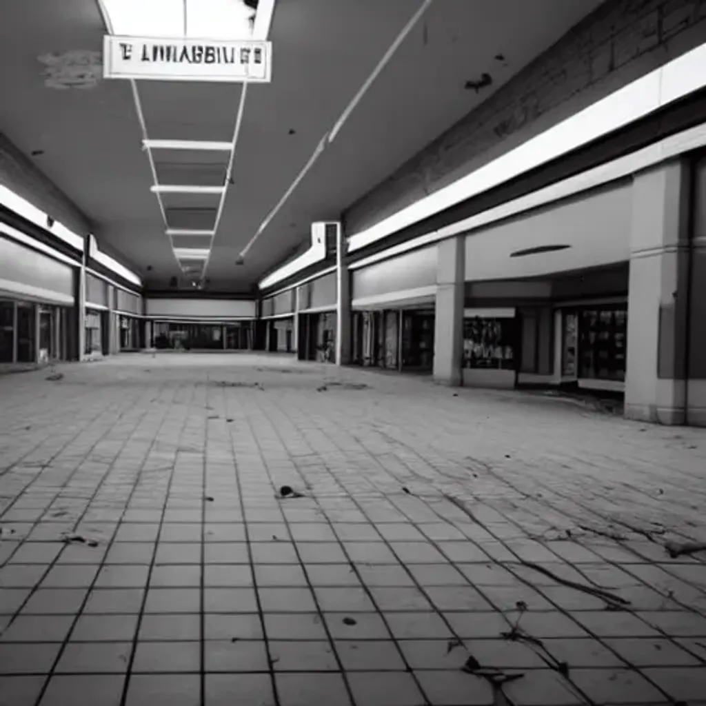 Prompt: empty abandoned mall at night, abandoned stores, messy floor with garbage, dark halls