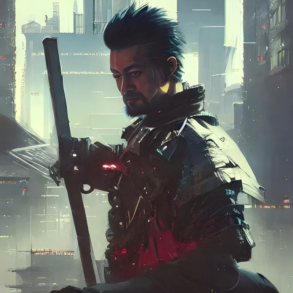 Prompt: cyberpunk miyamoto musashi cybor samurai by greg rutkowski full lentgth portrait dramatic light, gorgeous view, depth, high detail, digital art, painted by greg rutkowski, trending on artstation