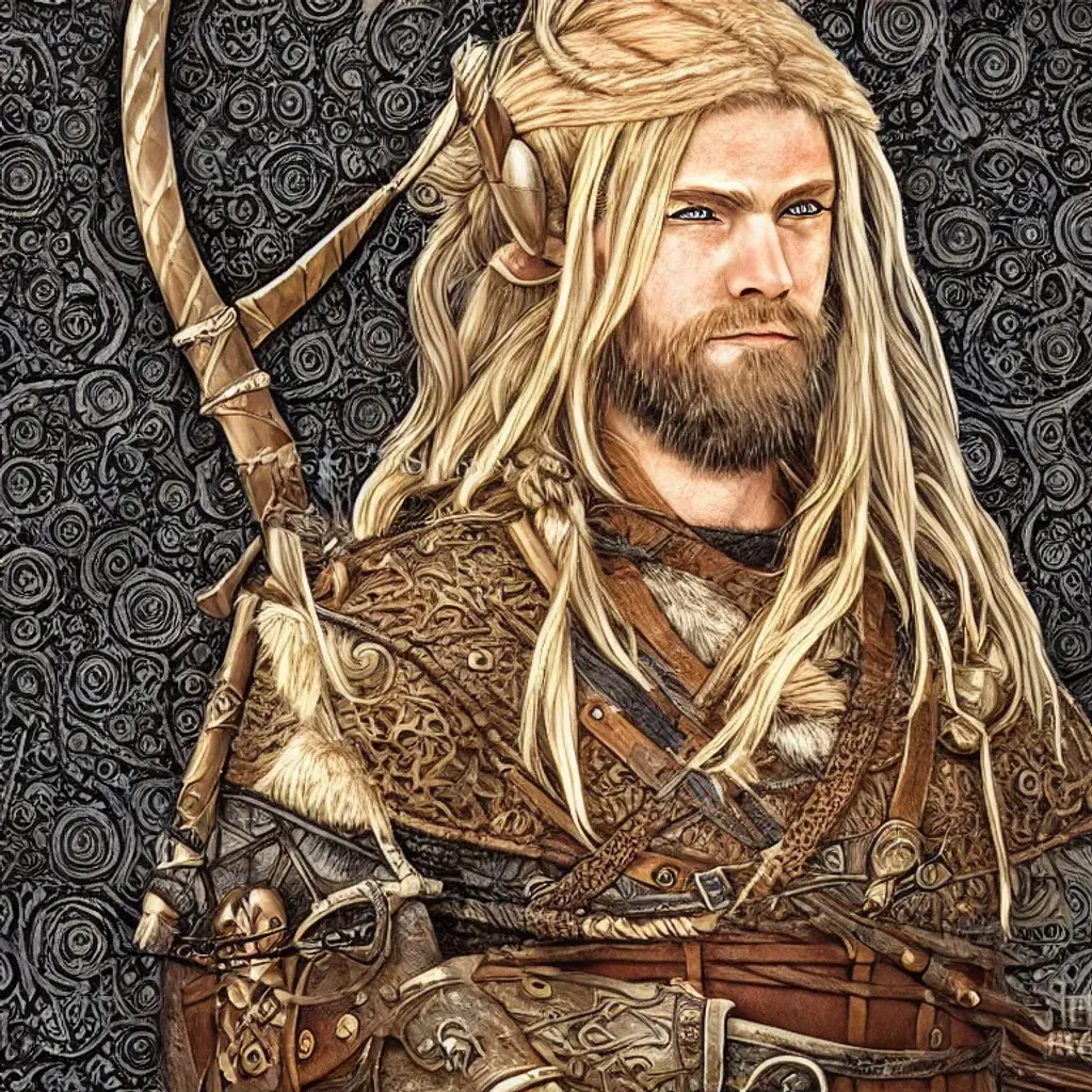 Portrait of Tyr, the norse god of war with a warrior