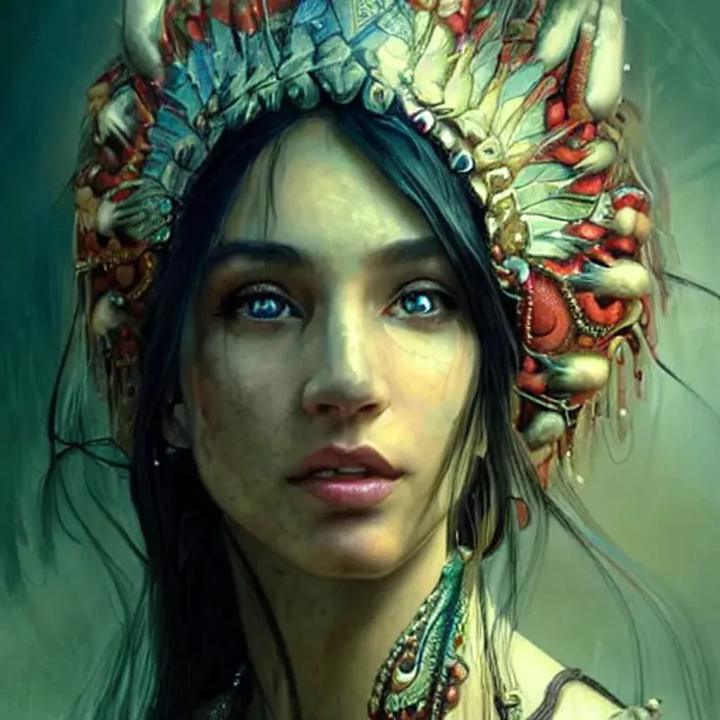 Prompt: fantasy, beautiful goddess, red Indian, hyperdetailed painting, complex, head and shoulders portrait, 4k resolution concept art portrait by Greg Rutkowski, Artgerm, WLOP, Alphonse Mucha dynamic lighting hyperdetailed intricately detailed art trending on Artstation triadic colors Unreal Engine 5 volumetric lighting handsome, young, pop, elegant, trickster, latina beauty queen, feather, clear, deep color art, Greg Rutkowski art, fantasycore, airbrush art, top hat, entertainer, circus leader, black tux, unreal engine, greg rutkowski, loish, rhads, beeple, makoto shinkai and lois van baarle, ilya kuvshinov, rossdraws, tom bagshaw, alphonse mucha, global illumination, detailed and intricate environment, trending on artstation, sharp focus, studio photo, intricate details, highly detailed, by greg rutkowski, Henry Justice Ford and by Steve Henderson