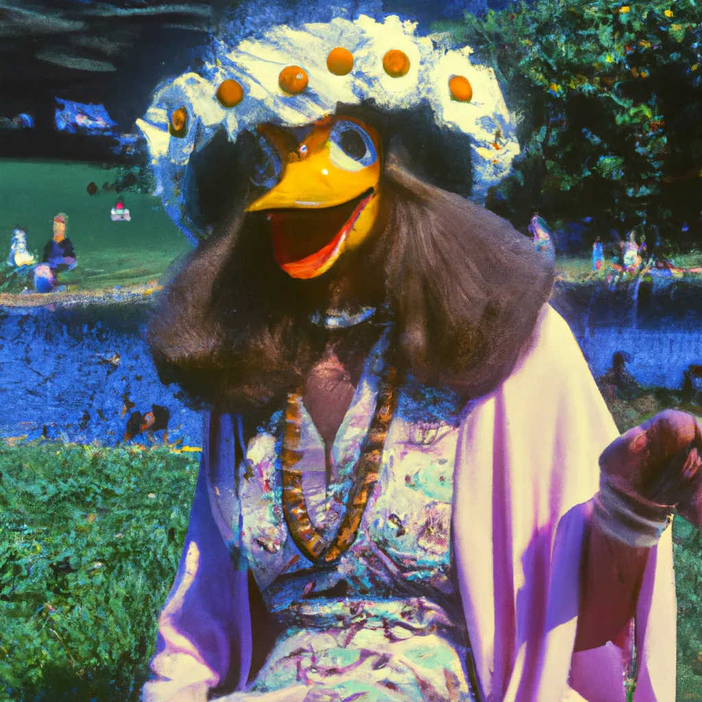 Prompt: Realistic photograph, hippie female duck anthropomorphic,  golden gate park, 1969, summer of love, Kodachrome